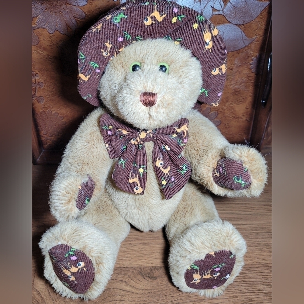 Peepah Pals Fully Jointed Teddy Bear~ Green Eyes~ Corduroy Hat Bow‎ & Paws~ EUC